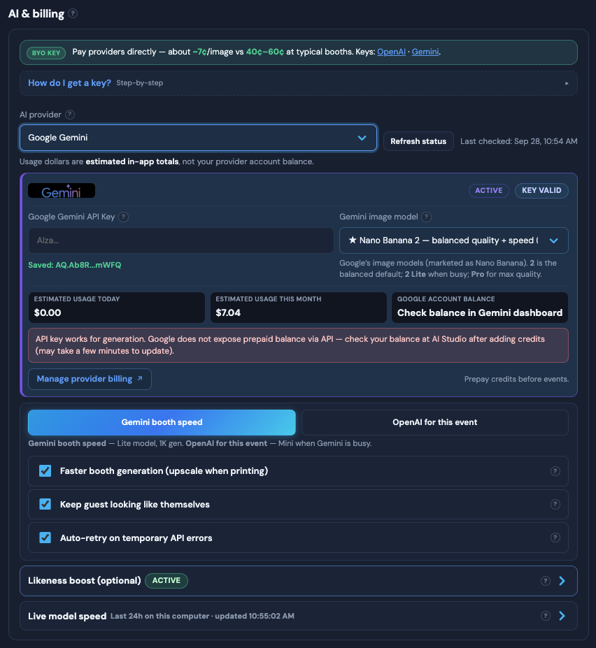 AI and billing settings showing BYO key, Gemini active, and usage estimates