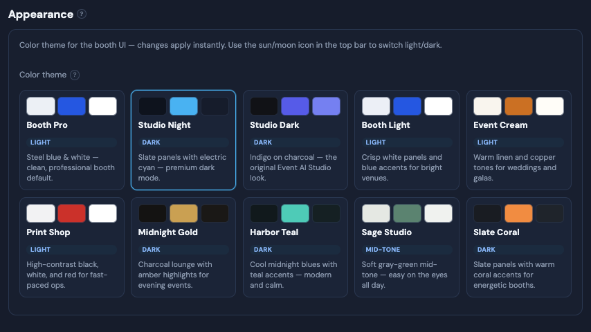 Ten color theme presets including Studio Night and Event Cream