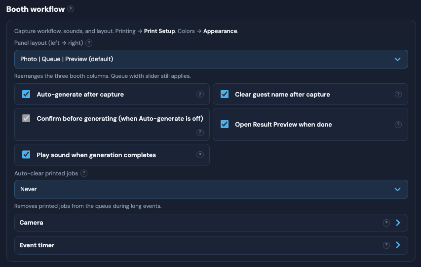 Booth workflow settings for auto-generate, preview, and queue cleanup