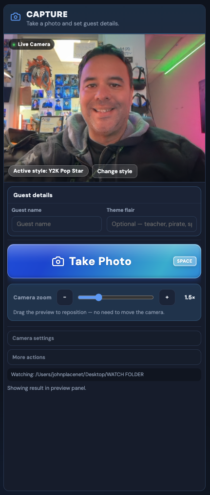 Capture panel with live camera, guest name, theme flair, and Take Photo