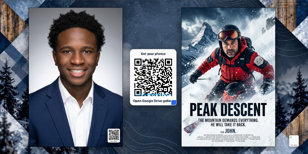Guest presentation screen with original photo, Peak Descent AI art, and Get your photos QR code