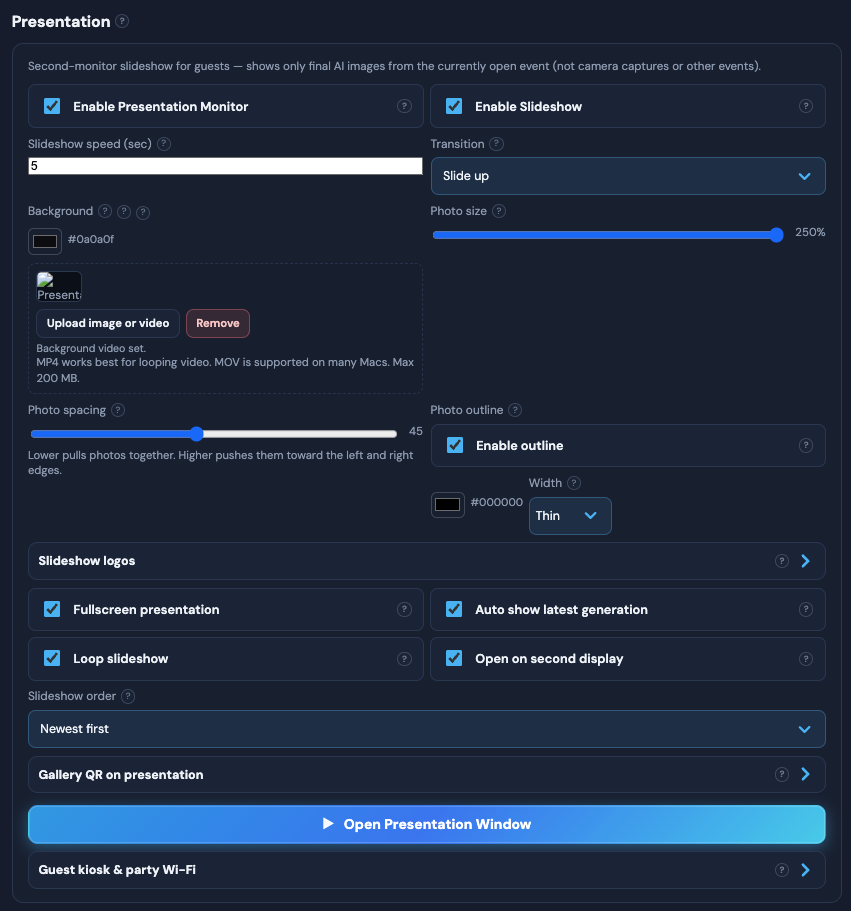 Presentation settings for slideshow speed, transitions, and backgrounds