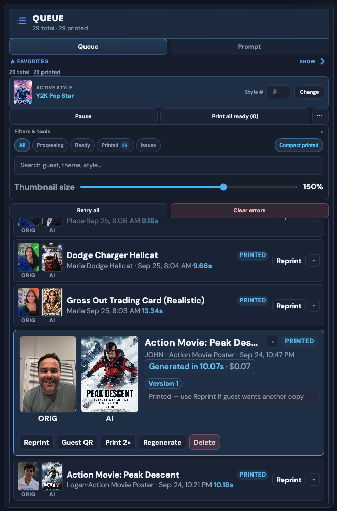 Live print queue showing original vs AI thumbs, generation time, and reprint actions