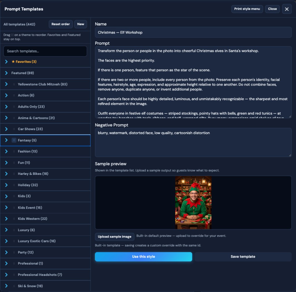 Prompt Templates screen with 400+ styles, categories, and Christmas Elf Workshop editor